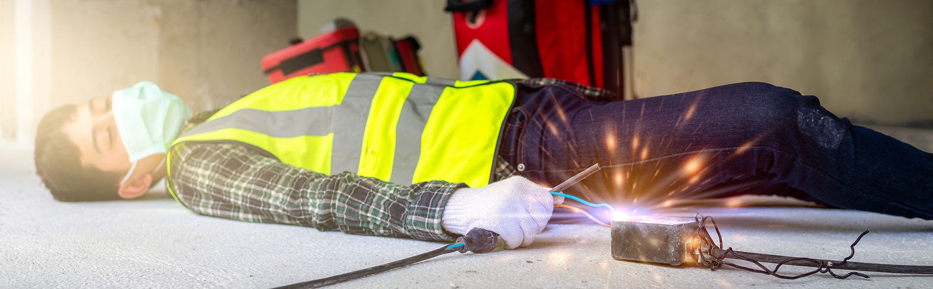 A construction worker wearing a mask lies down after suffering from an electrocution accident